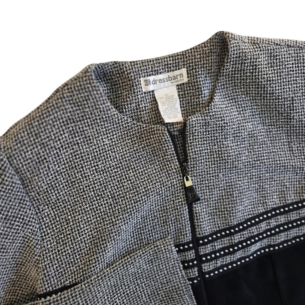 Dressbarn Woman 16W Black White Houndstooth Zipper Blazer Collarless Jacket - Picture 4 of 8